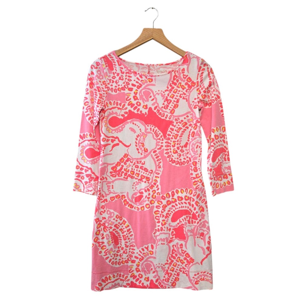 Lilly Pulitzer Marlowe Dress 3/4 Sleeve Hot Coral Trunk In Love Pink Elephants
